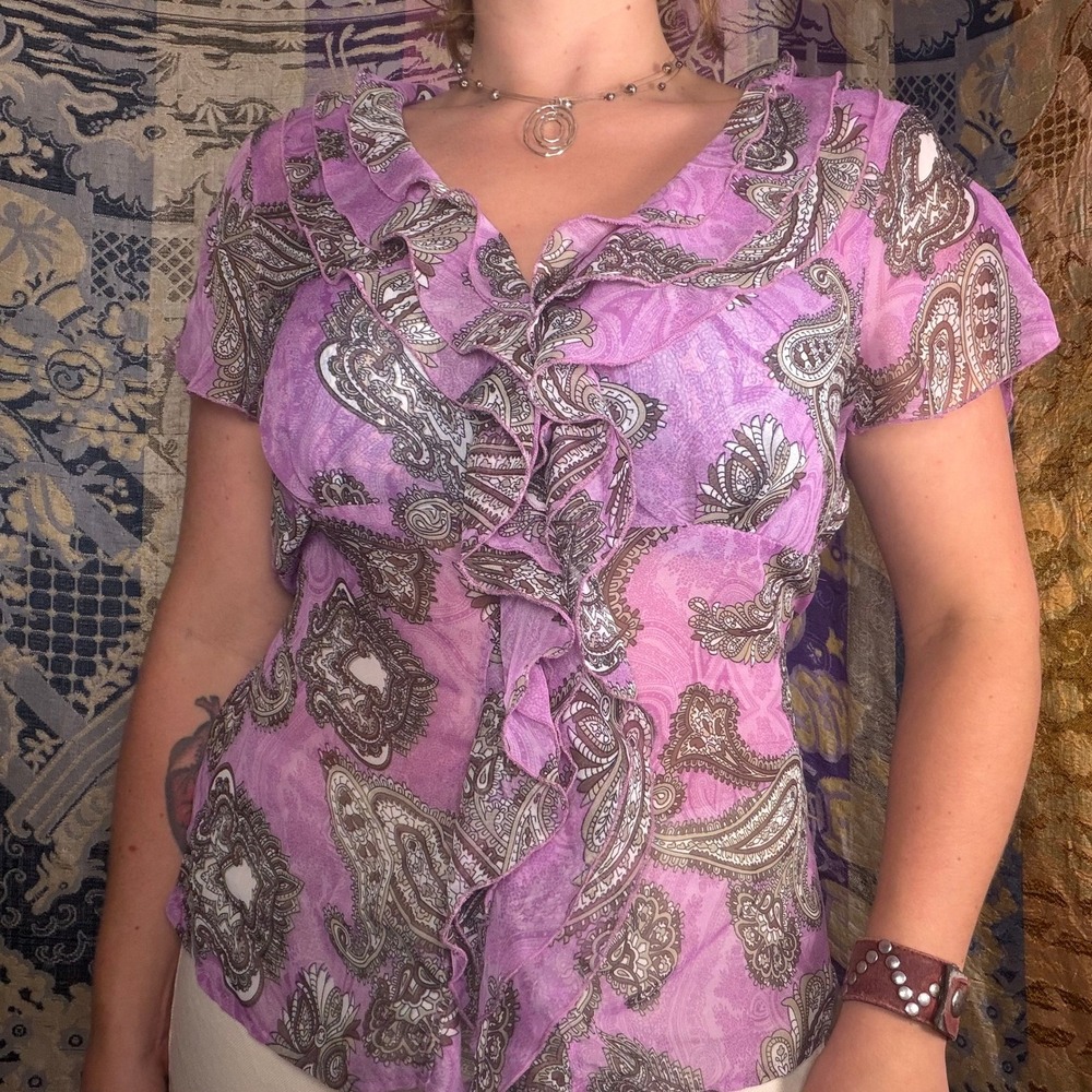Purple Paisley Coquette Whimsy Ruffled Split Flutter Sleeve Tie Waist Blouse L